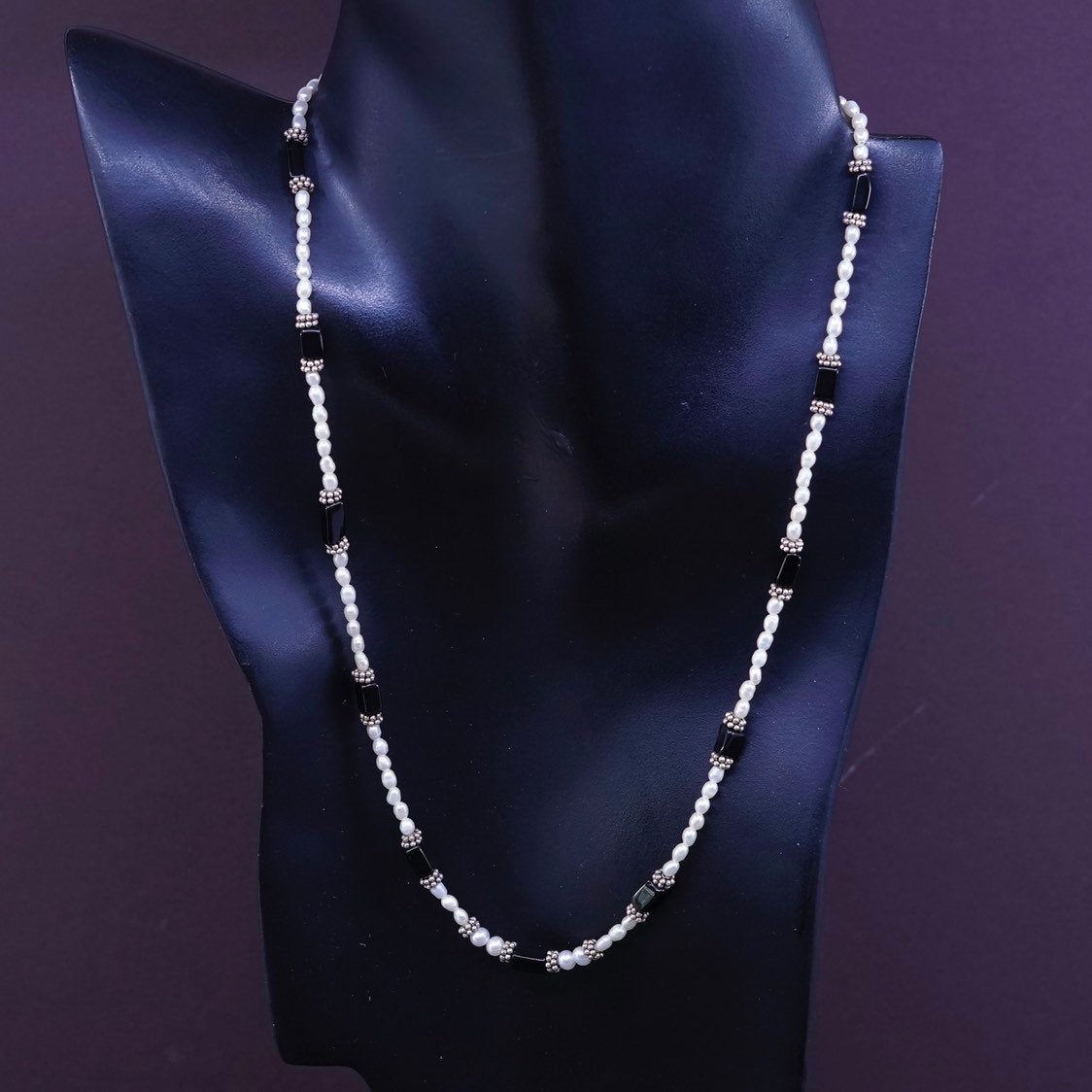 21+1, freshwater pearl N obsidian beads necklace, 925 sterling silver clasp