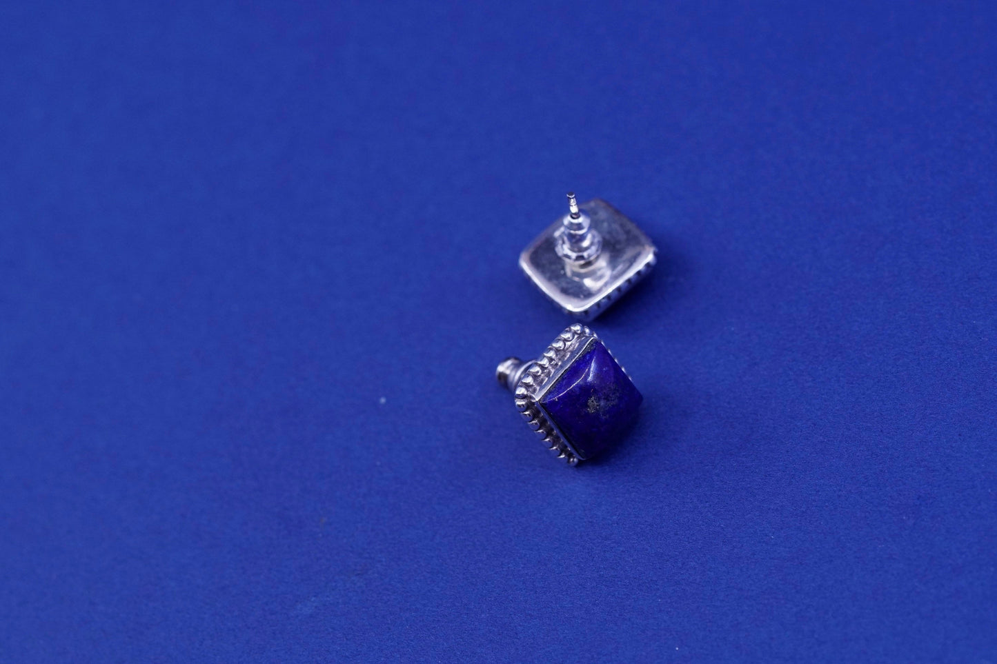 vtg sterling silver handmade earrings, 925 square studs w/ lapis lazuli N beads