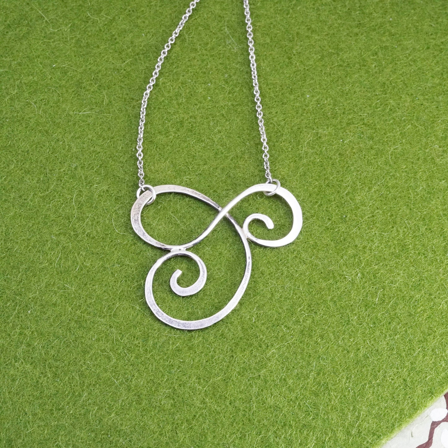 15+4” Sterling 925 silver handmade necklace, circle chain with swirly pendant