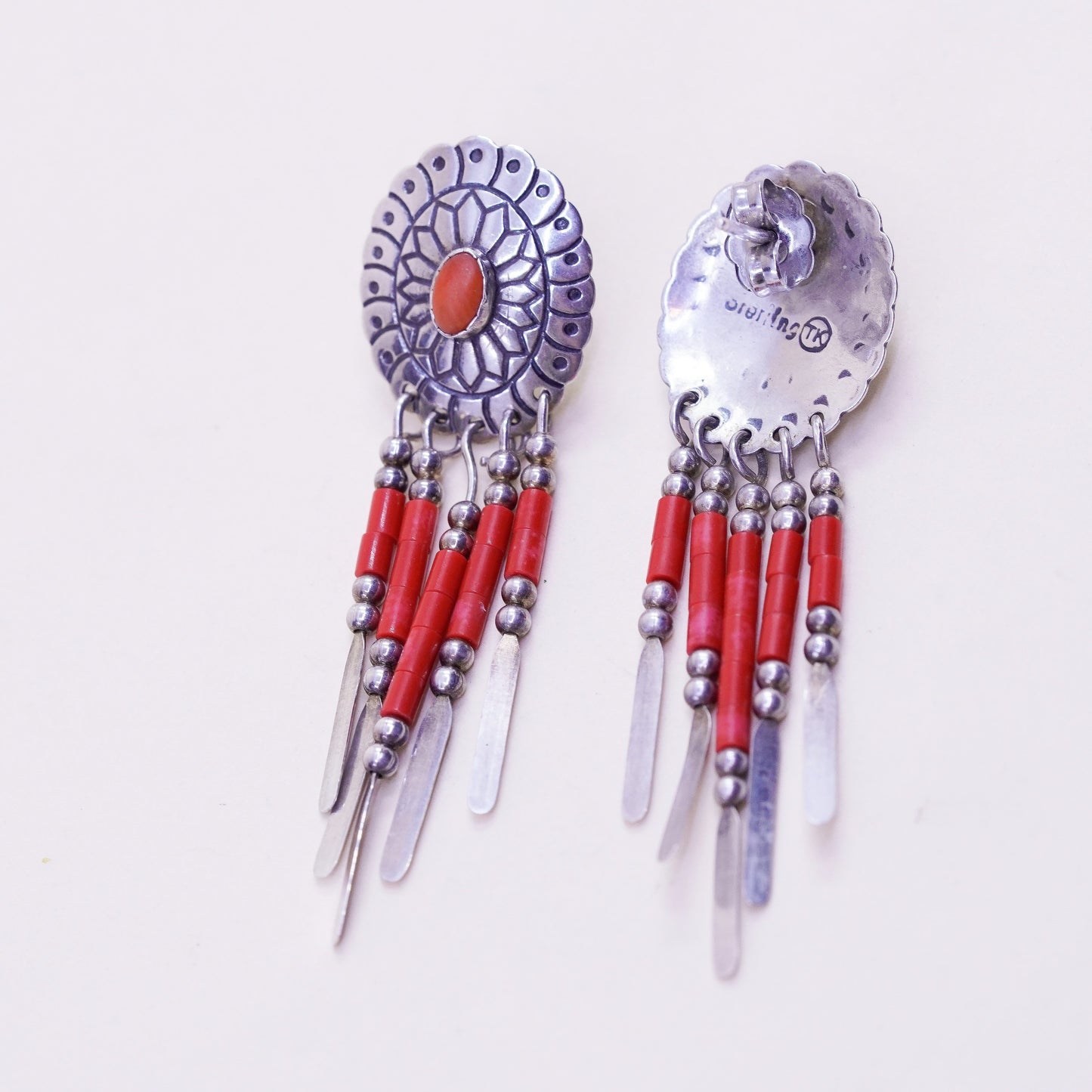 TK Sterling silver earrings, Native American 925 oval coral studs beaded fringe