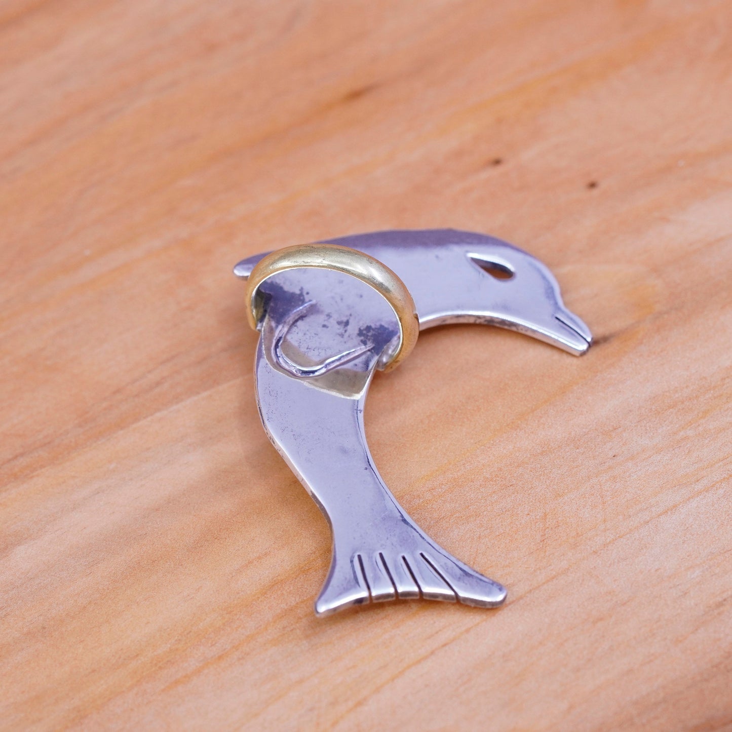Vintage handmade two tone sterling 925 silver dolphin brooch with brass trim