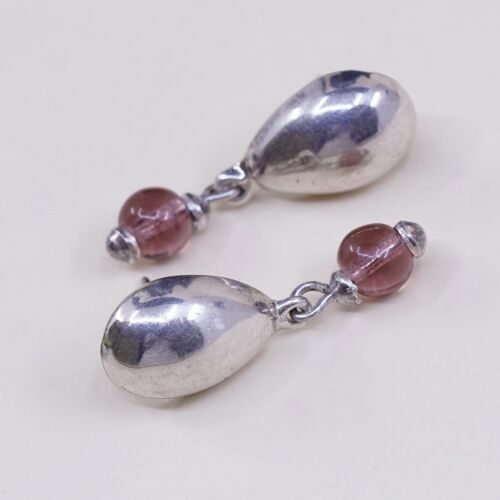 Vtg Sterling Silver Handmade Earrings, 925 Teardrop Dangles W/ Garnet Dangle