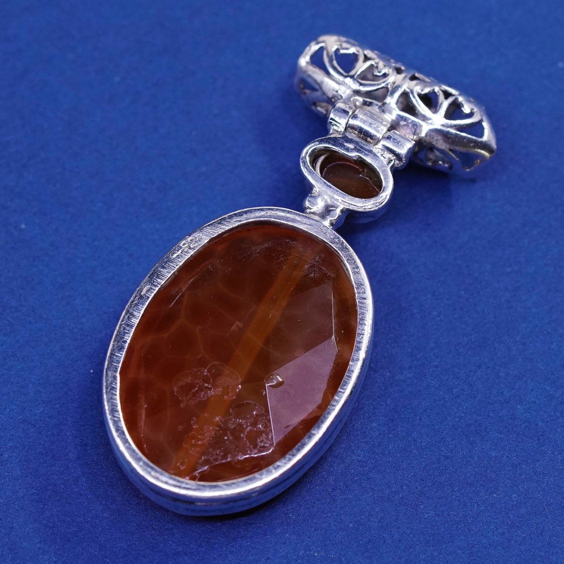 vtg designer sterling silver handmade pendant filigree 925 w/ cushion carnelian