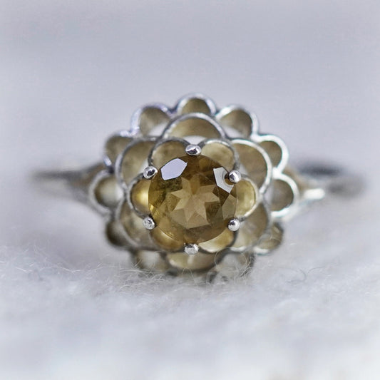 Size 10.25, vintage Sterling 925 silver handmade crown flower ring with citrine
