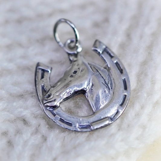 Handmade vintage Sterling silver pendant, 925 horse charm with horseshoe