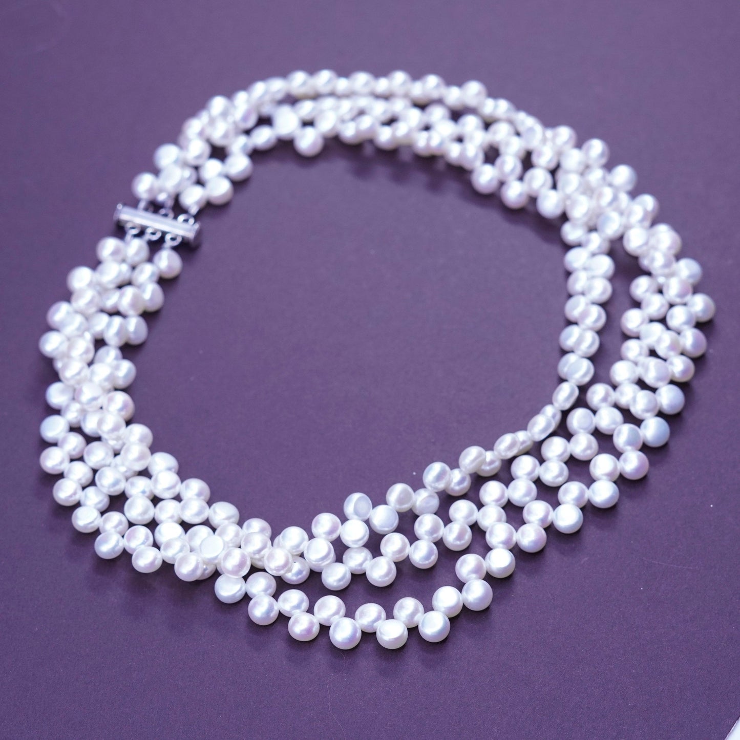 16”, triple strand pearl beads handmade necklace, Sterling 925 silver clasp