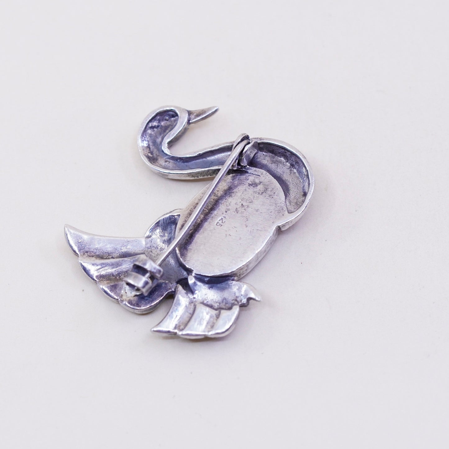 Sterling silver handmade brooch, 925 pin with obsidian swan bird and marcasite