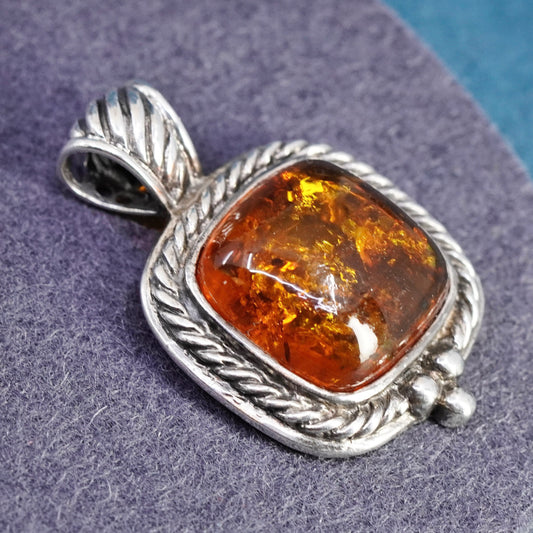 Vintage sterling silver handmade pendant, 925 resin amber and cable around