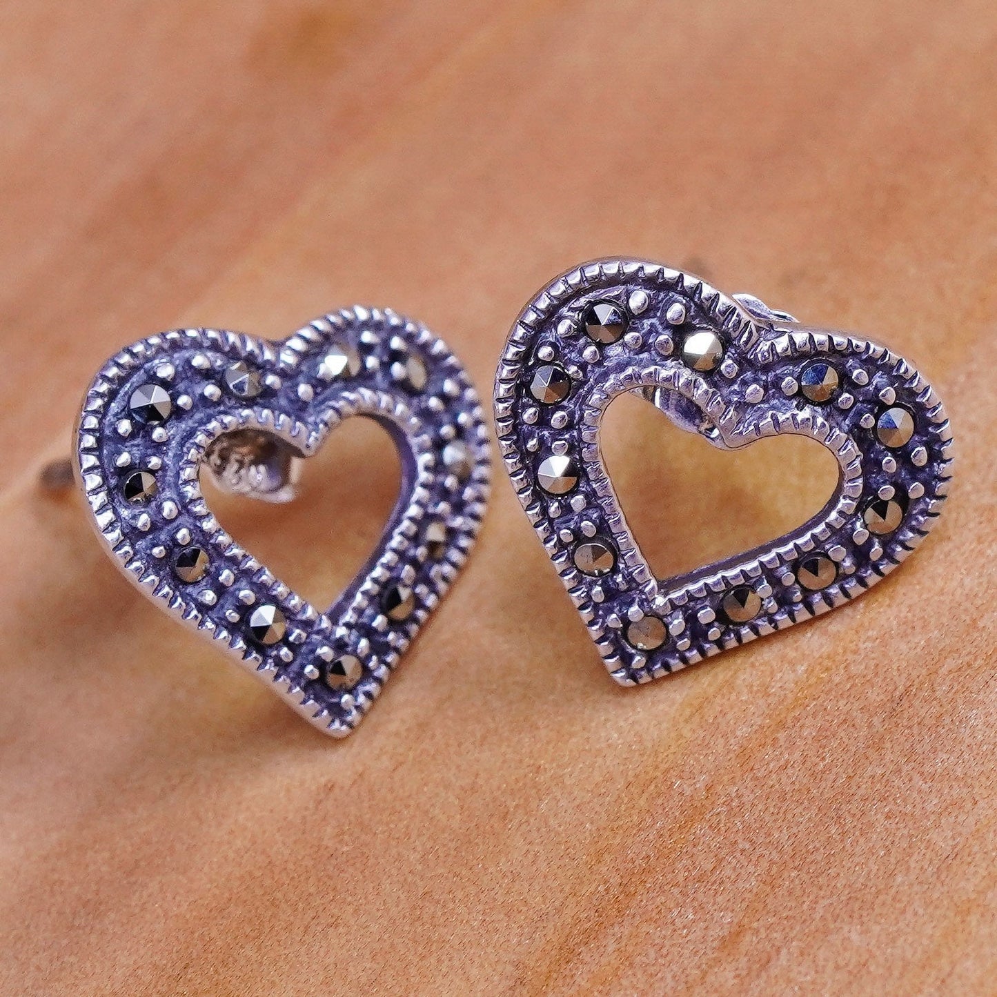 Vintage Sterling silver handmade earrings, Mexico 925 heart studs w/ marcasite