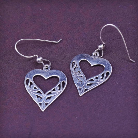 vtg Sterling silver handmade earrings, 925 filigree heart drops