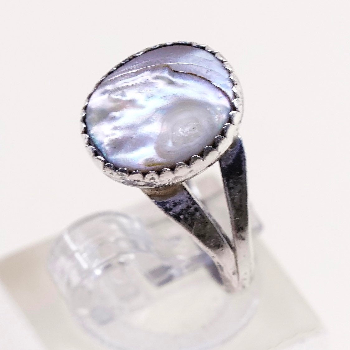 sz 6, vtg sterling silver handmade ring, 925 w/ oval abalone, silver tested