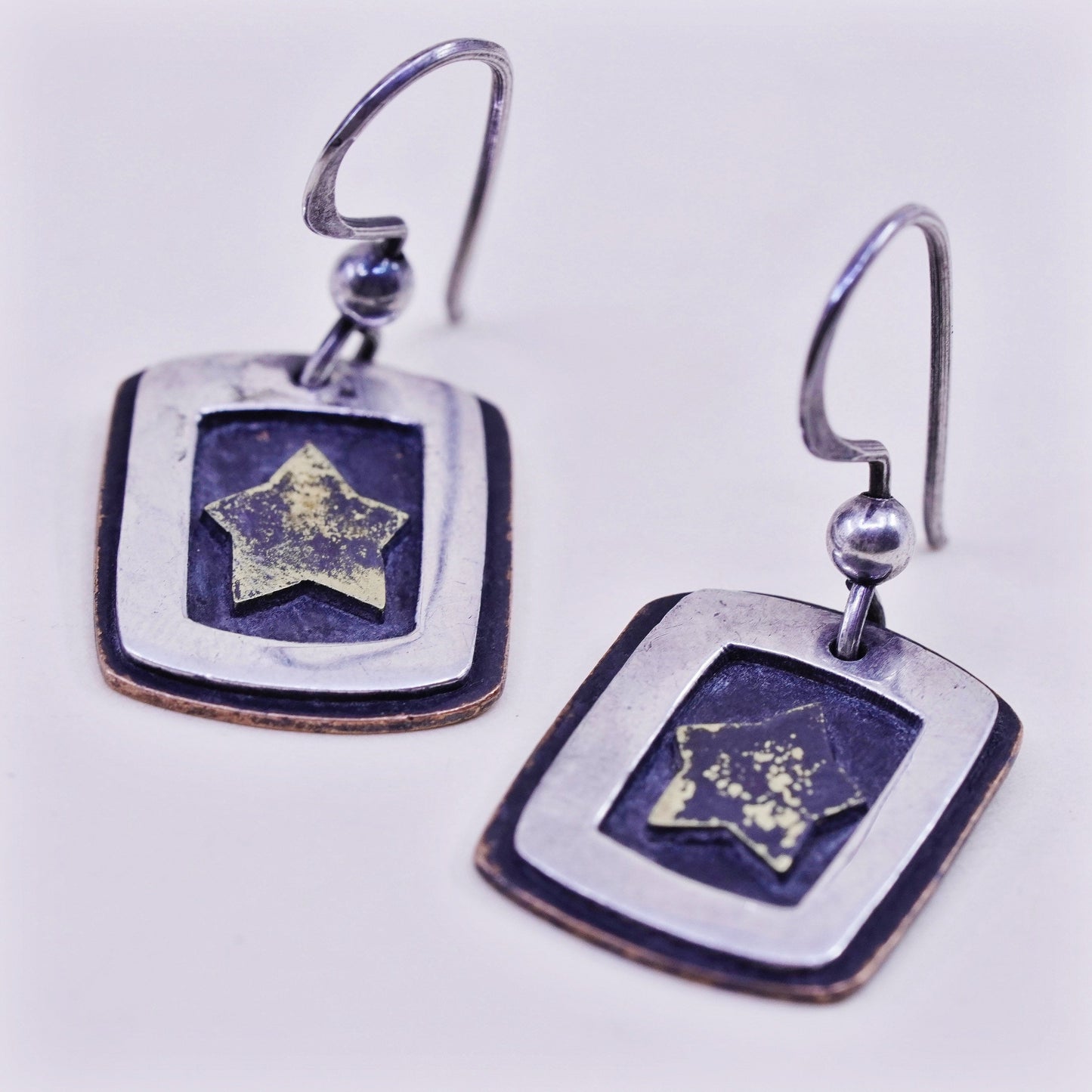 Vintage sterling silver handmade earrings, 925 tag with brass star