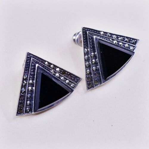 Vtg Sterling Silver Handmade Earrings, 925 Studs W/ Marcasite N Obsidian