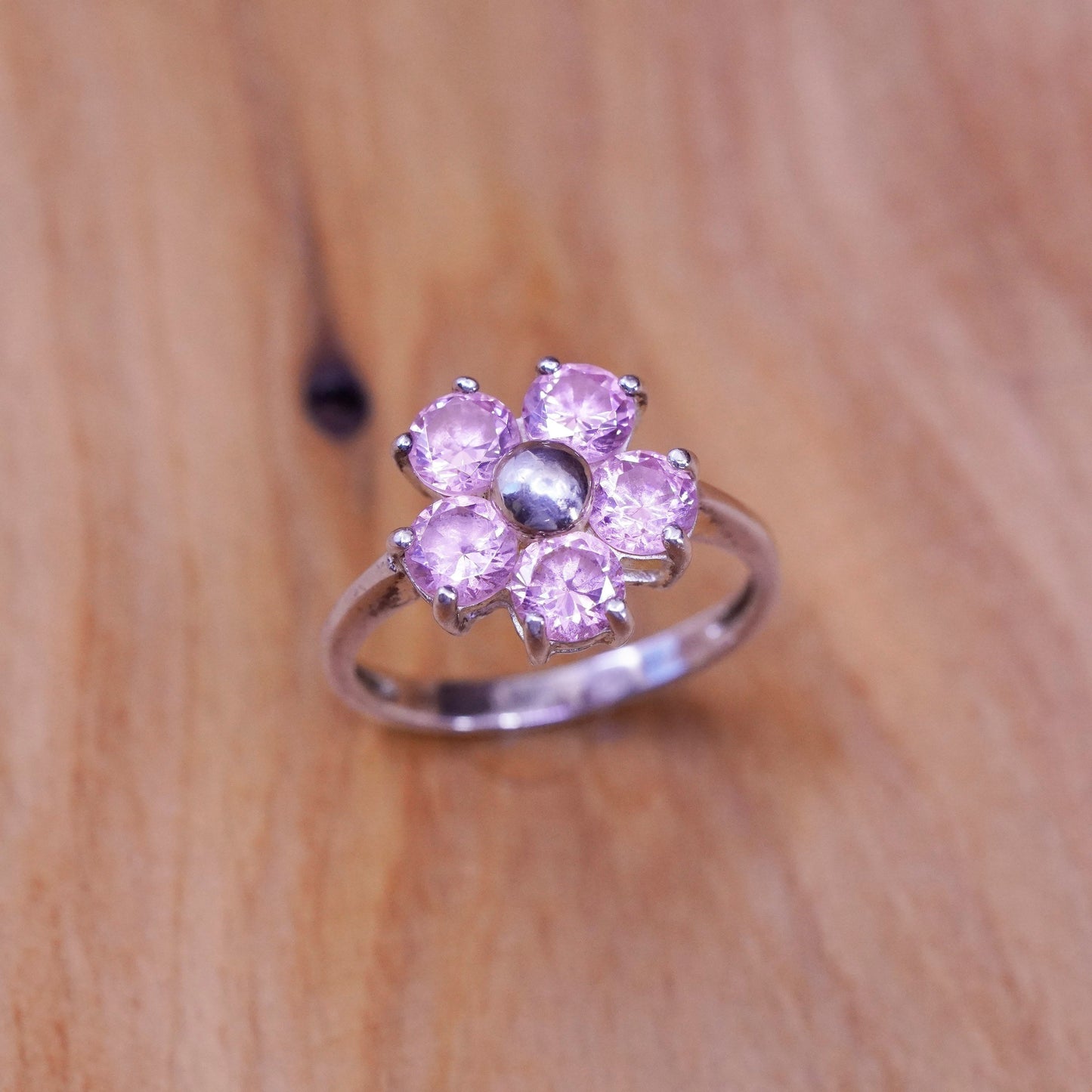 Size 8.25, vintage Sterling 925 silver handmade ring with pink cz flower