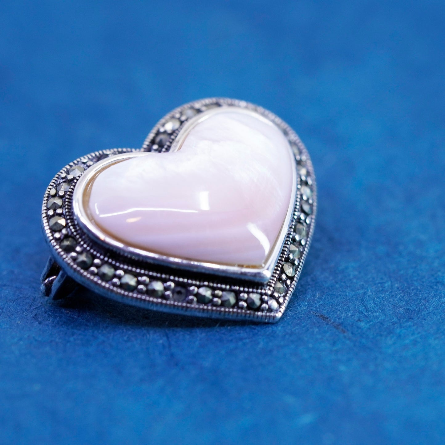 sterling silver handmade brooch, 925 heart pendant mother of pearl marcasite