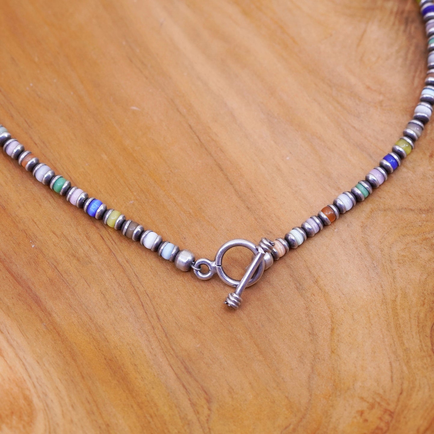 18”, sterling silver handmade necklace, 925 heishi chain with cats eye beads