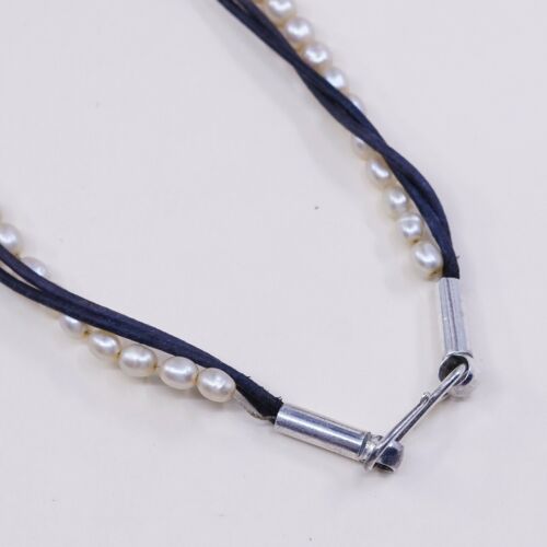 17” Vtg Sterling 925 Silver Clasp W Multi Strands Leather Necklace W/ Pearl Bead