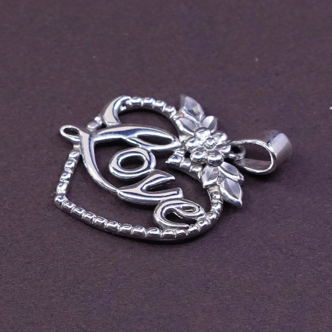 vtg Sterling silver handmade pendant, 925 heart charm w/ love inside