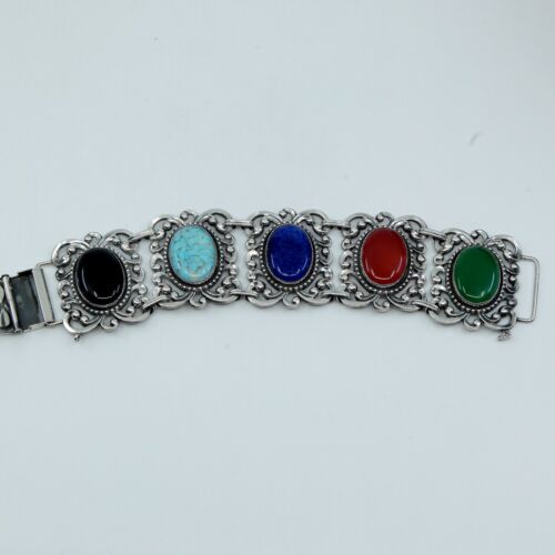 7.25”, Vintage Danecraft Sterling Silver Bracelet Glass Stones Repousse Wide