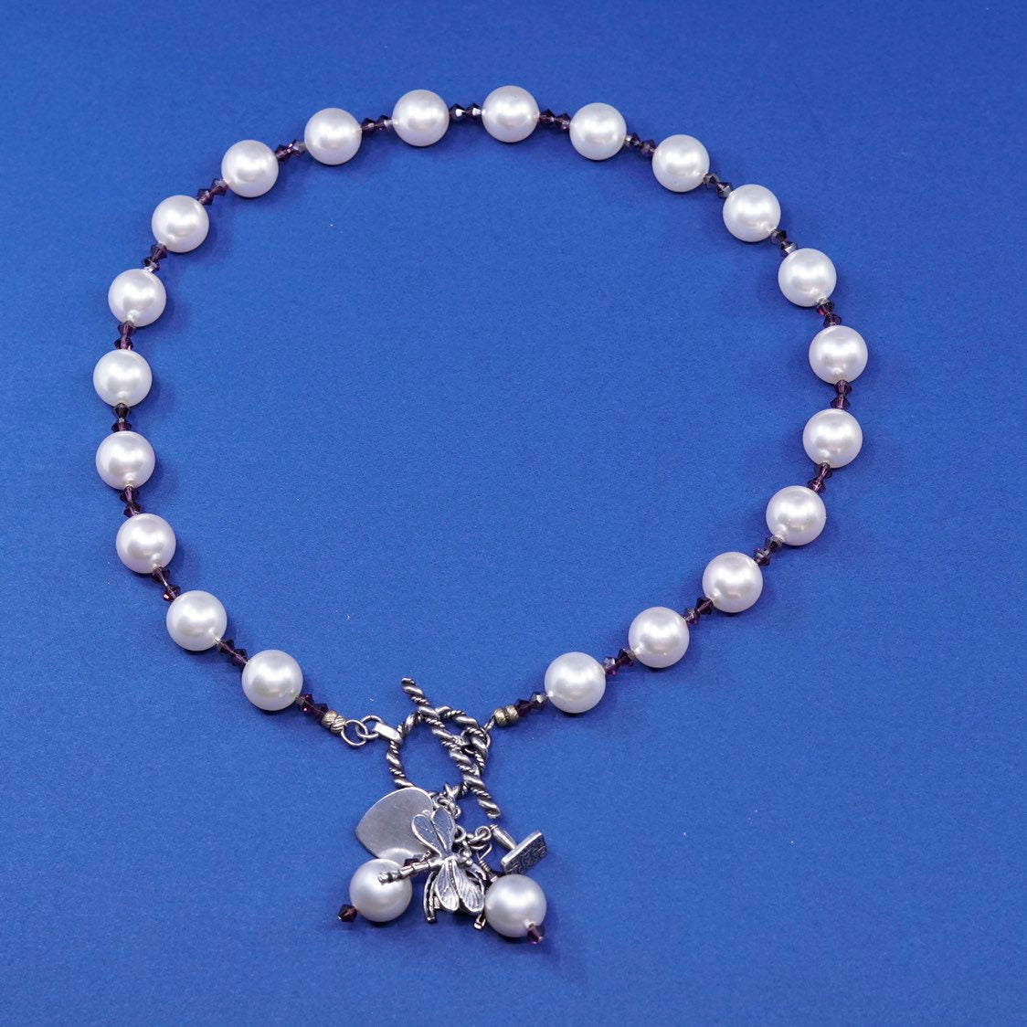 18", Sterling silver handmade necklace, 925 beads w/ pearl dragonfly horseshoe