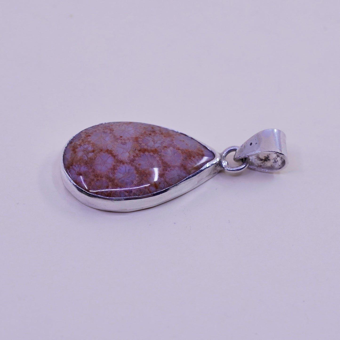 sterling silver handmade pendant, Native American, 925 teardrop fossil coral