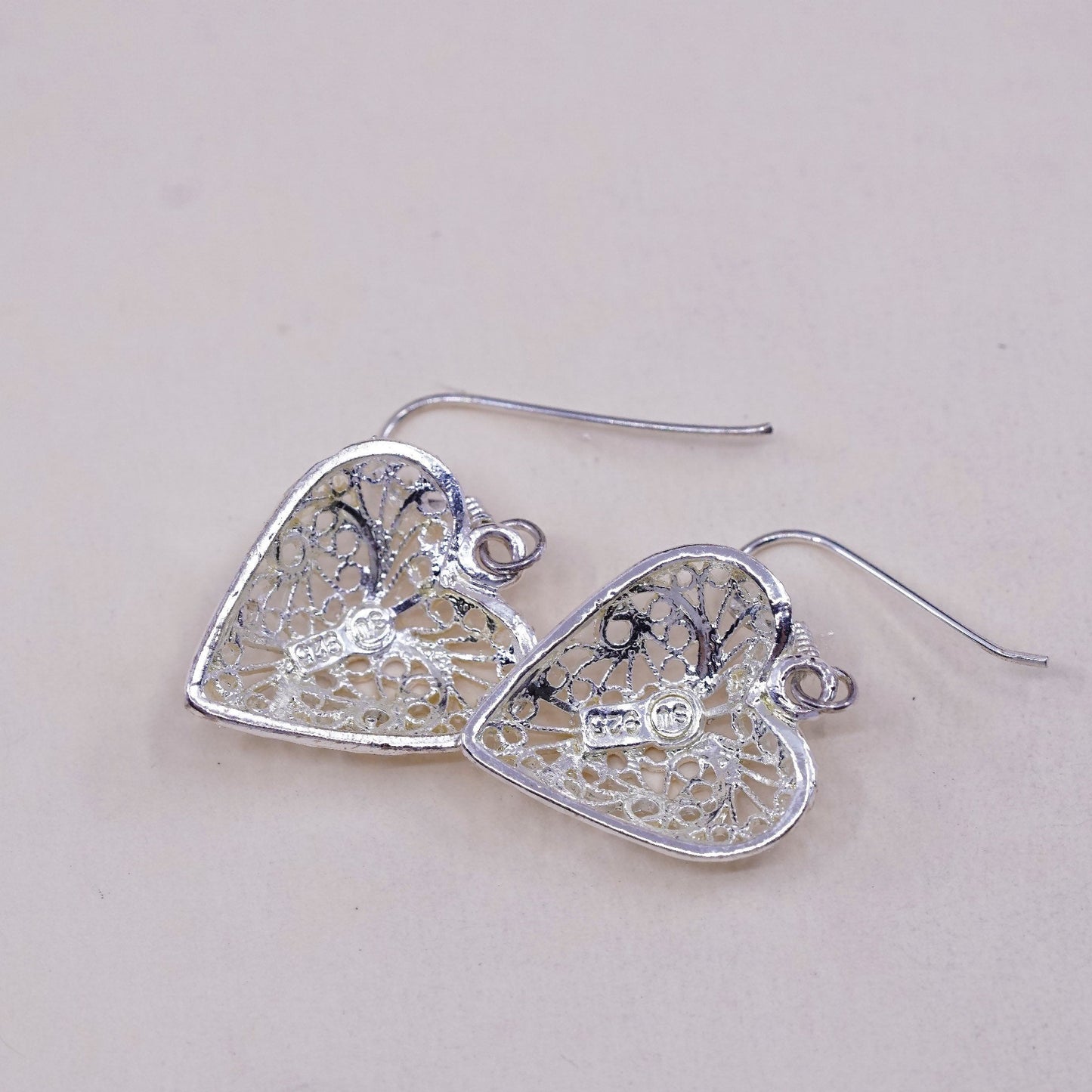 Vintage sterling silver handmade earrings, 925 filigree heart