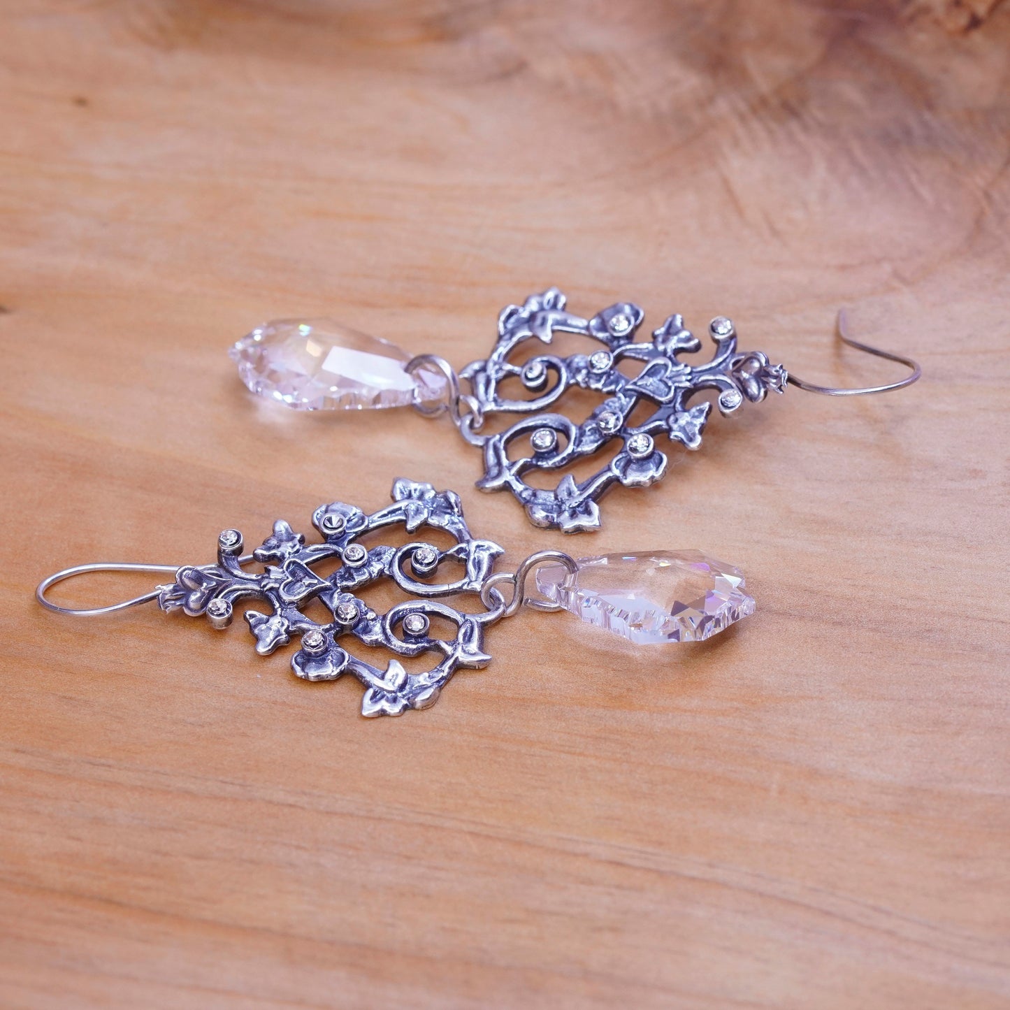 Vintage Sterling 925 silver handmade floral vine earrings with teardrop crystal