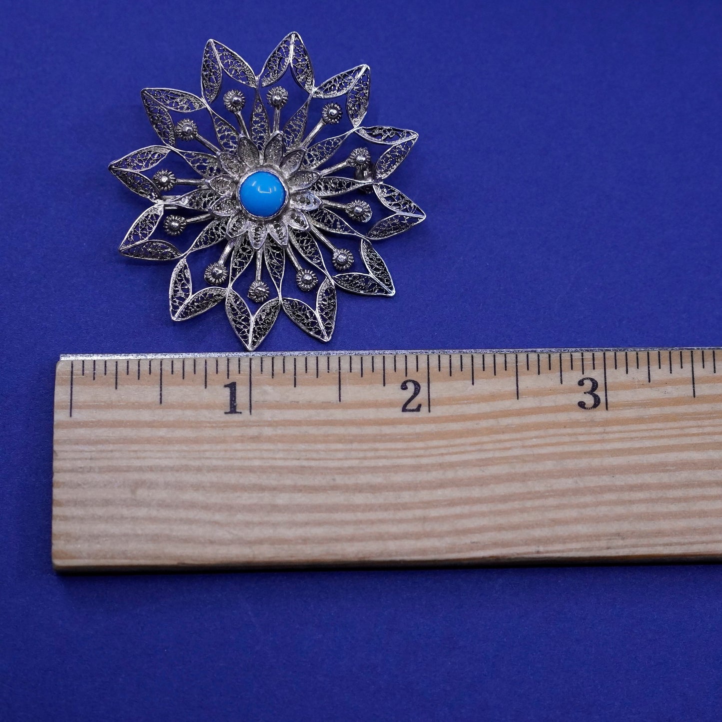 Vintage sterling silver handmade brooch, 925 filigree flower pin with turquoise