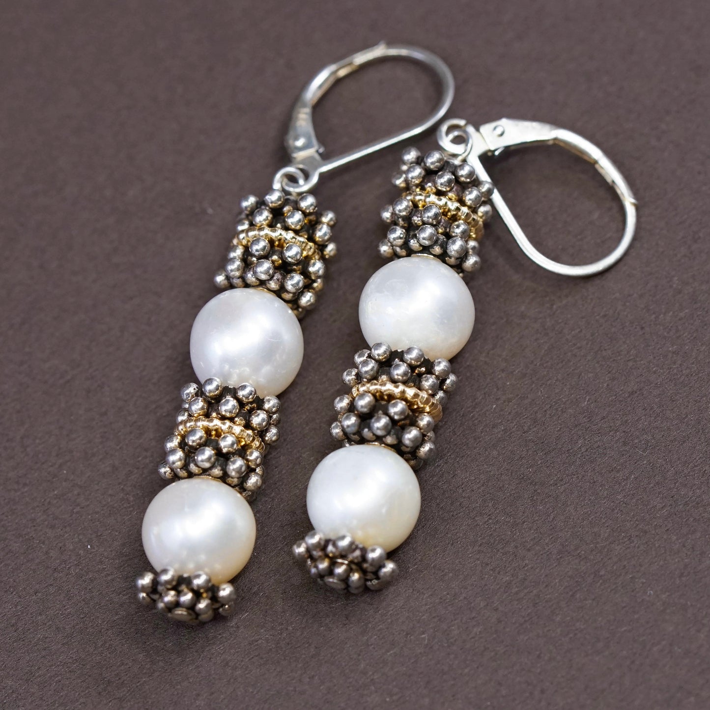 14K yellow gold trim w/ Sterling silver handmade earrings, 925 beads w/ pearl