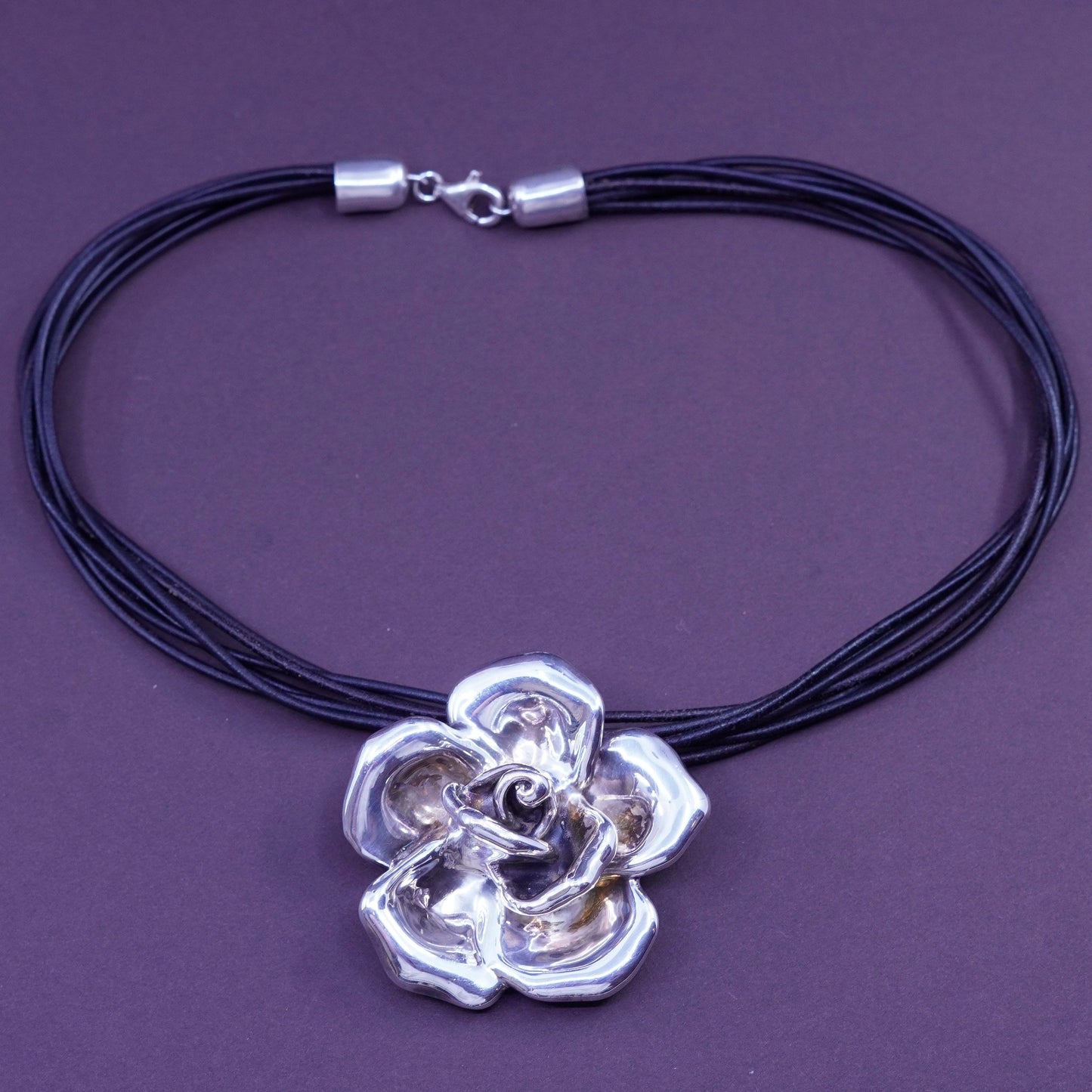 16”, handmade leather necklace with sterling 925 silver flower pendant