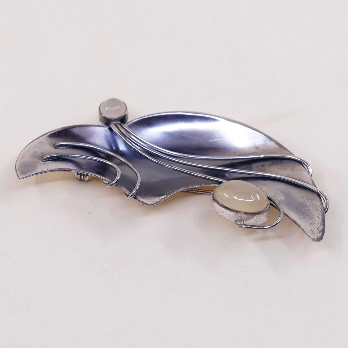 vtg sterling silver handmade brooch, modern 925 pin with moonstone beads
