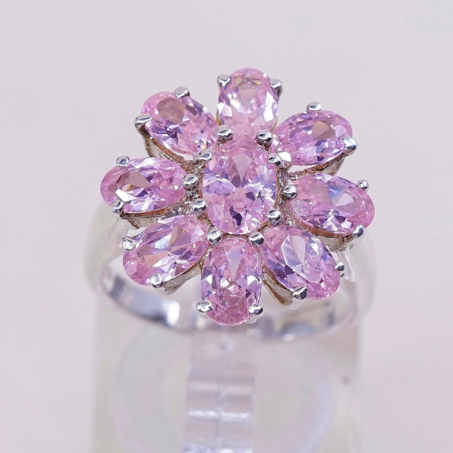 sz 6.5, VTG sterling 925 silver handmade ring with cluster pink crystal flower