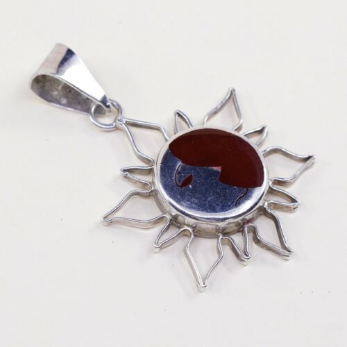 Vintage Sterling Silver Handmade Pendant, 925 W/ Jasper Flower Sun N Moon Face