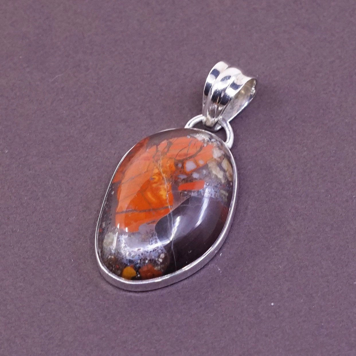 vtg Sterling silver handmade pendant with red and orange landscape jasper