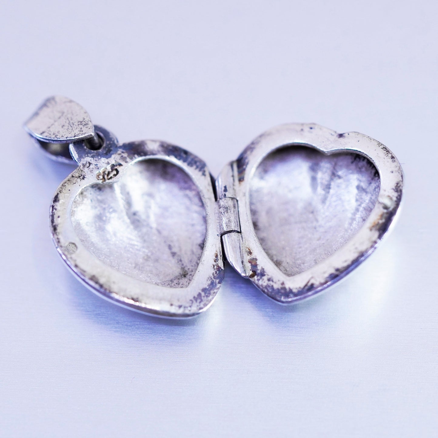 Antique Sterling silver handmade charm, textured 925 heart photos locket