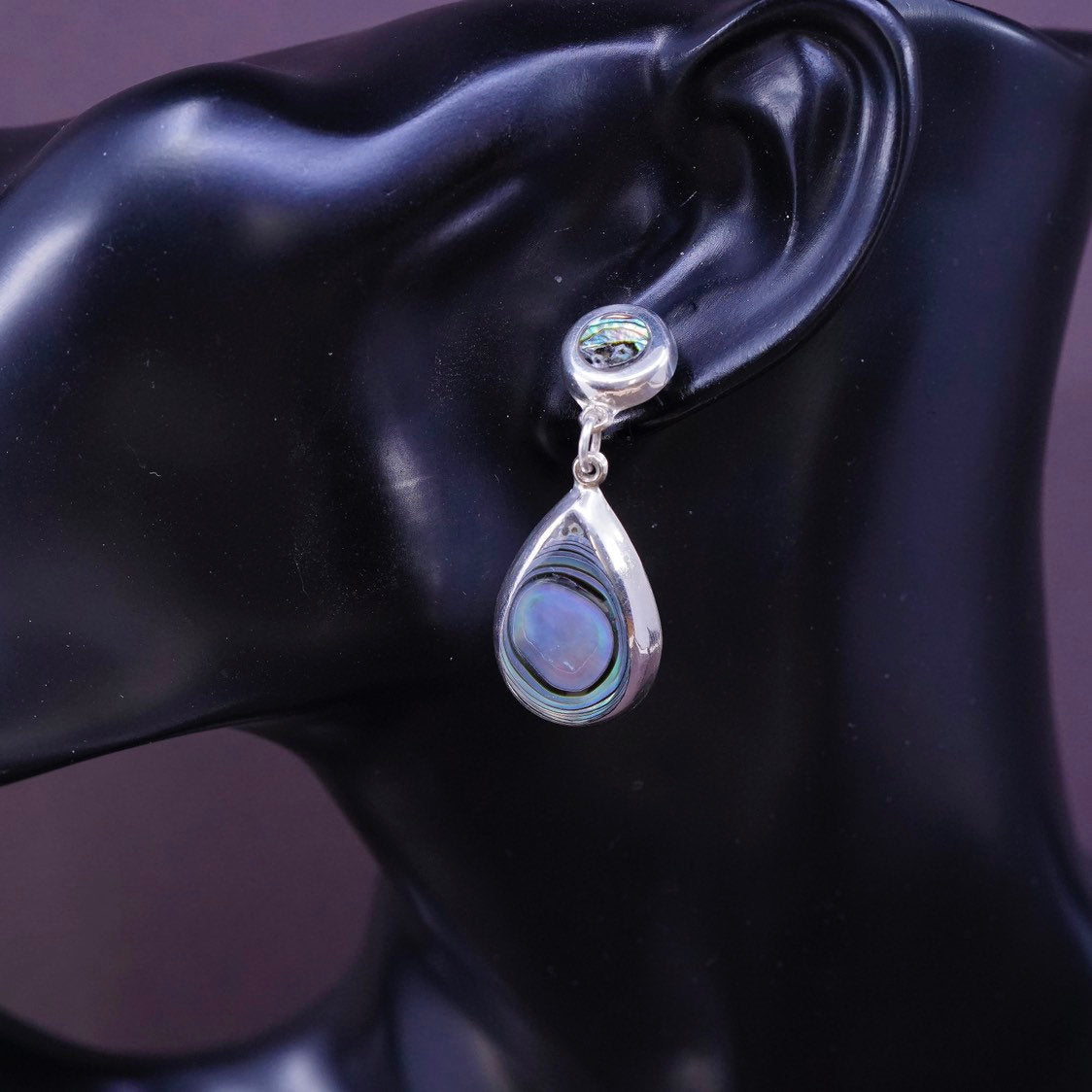 vtg Sterling silver handmade earrings, 925 w/ teardrop abalone n marcasite