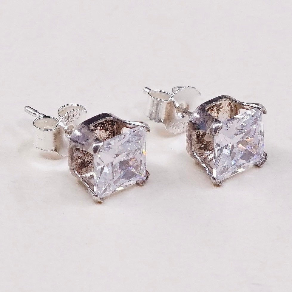 vtg sterling silver square clear CZ studs, fashion minimalist earrings