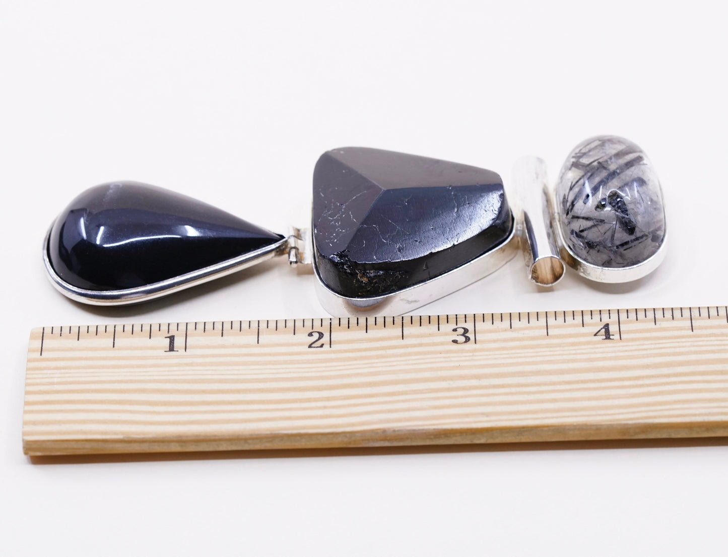 huge handmade sterling silver pendant, Mexico 925 w/ quartz N teardrop obsidian