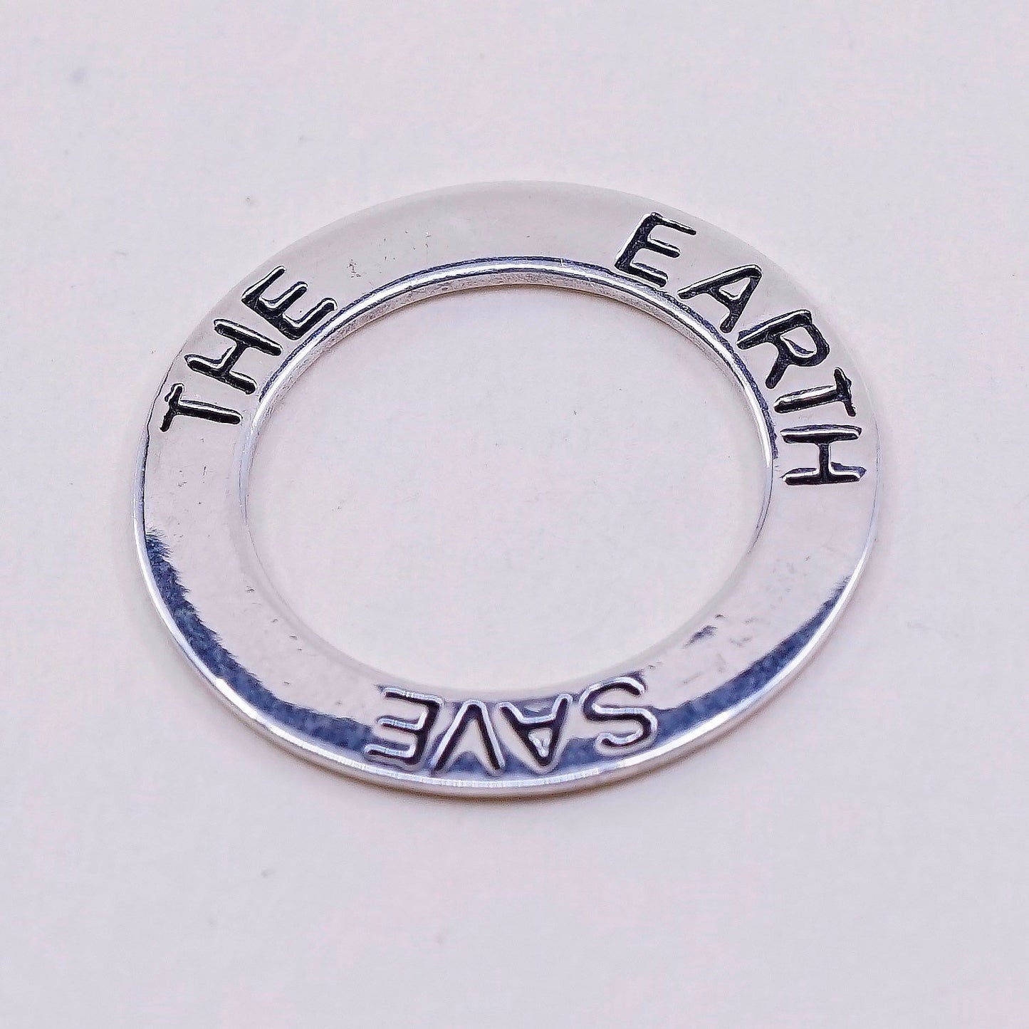 Vintage sterling silver handmade pendant, 925 circle embossed ”save the earth”