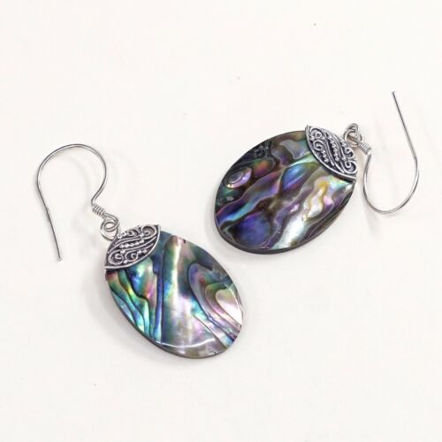 Vtg Sterling Silver Handmade Earrings, 925 Silver Hooks W/ Oval abalone Inlay