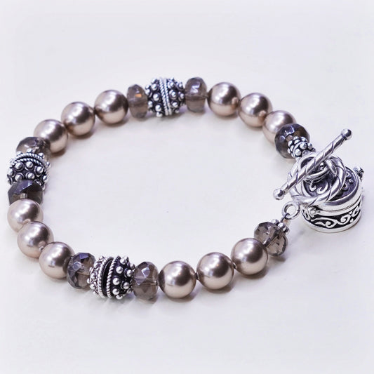 7”, Sterling silver handmade bracelet, 925 beads faux pearl smoky topaz beads