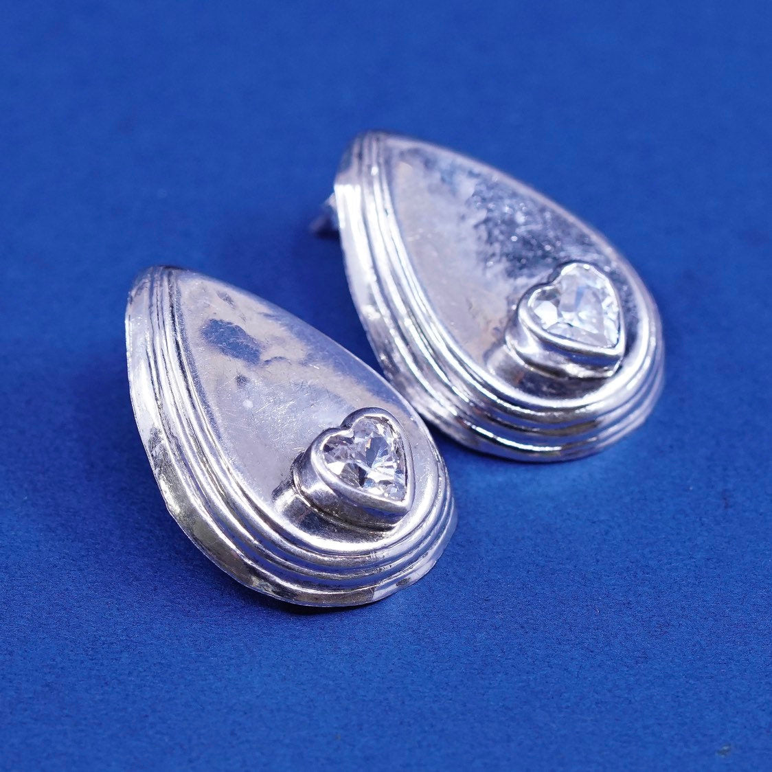 vtg Sterling silver handmade earrings, 925 teardrop studs w/ Cz heart