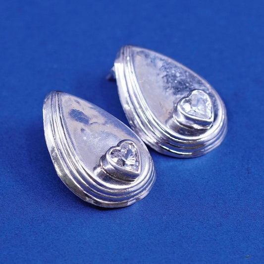 vtg Sterling silver handmade earrings, 925 teardrop studs w/ Cz heart