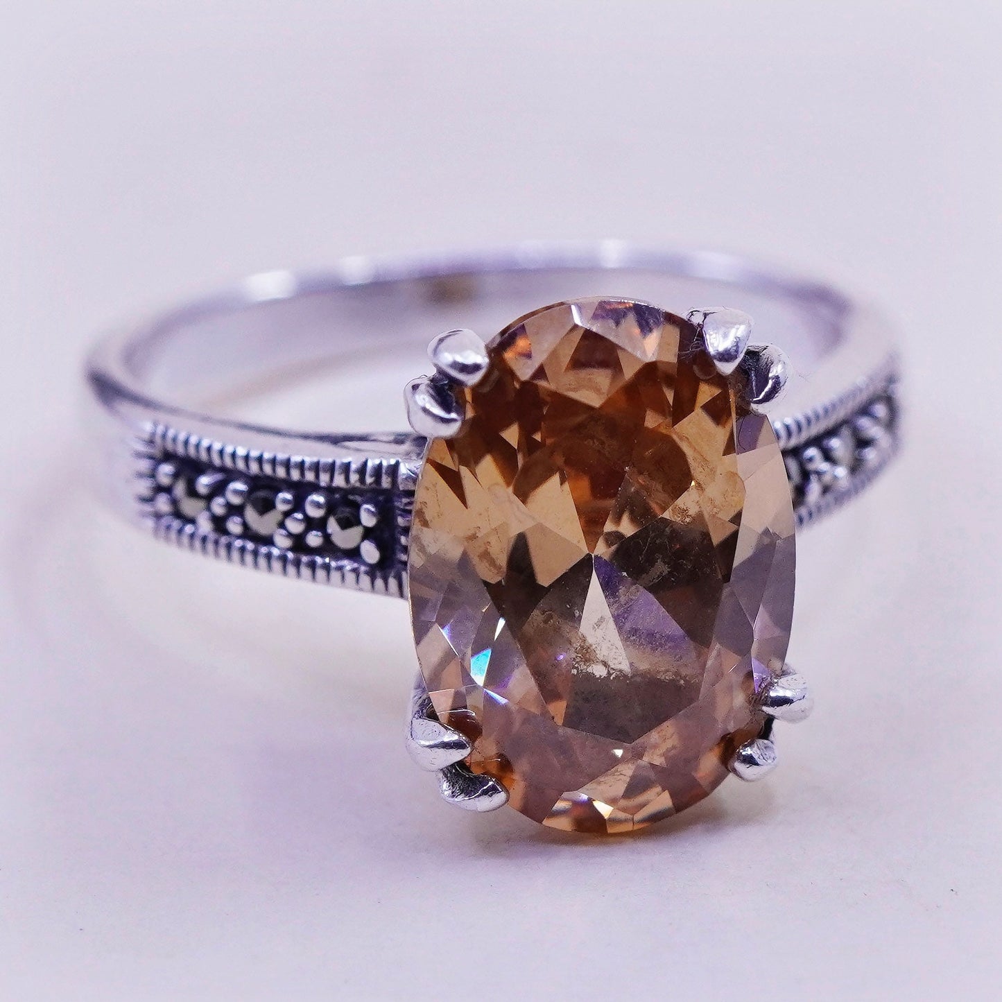 Size 9, Sterling 925 silver handmade cocktail ring with citrine and marcasite