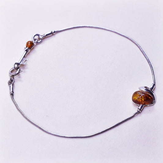 7.25”, Vintage sterling 925 silver handmade bracelet with amber heart and key