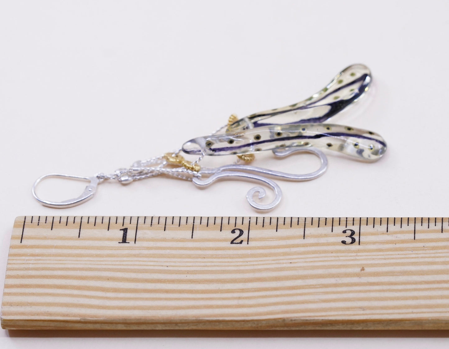 VTG sterling 925 silver handmade earrings, resin long nugget with swirl dangles