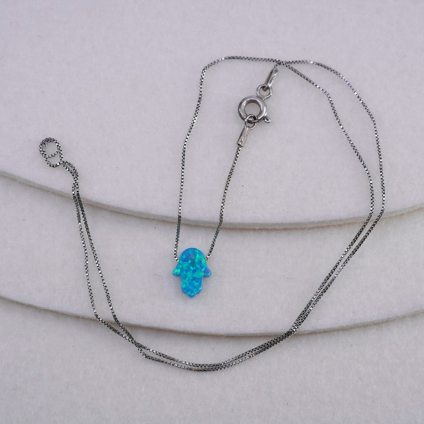 17”, Sterling 925 silver handmade box chain necklace with opal hand pendant