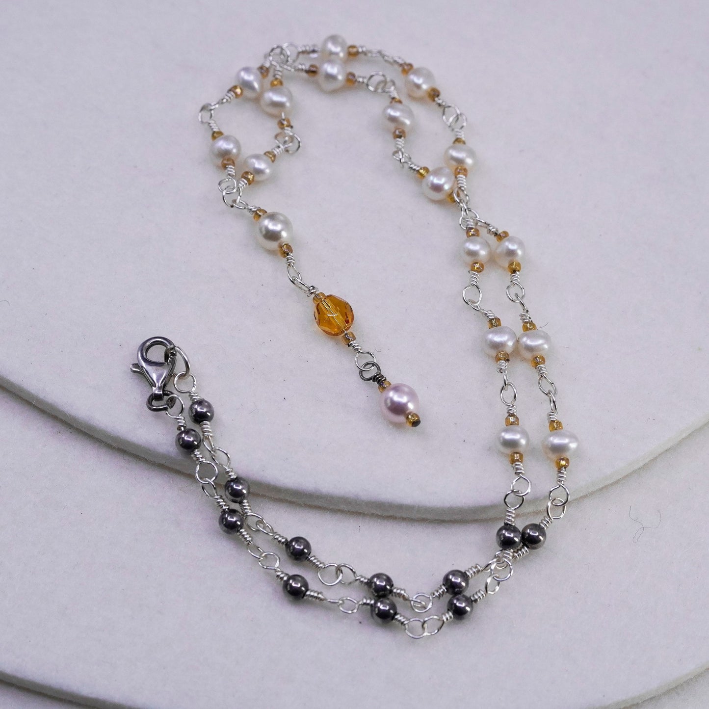 18”, vintage Sterling 925 silver pearl chain necklace w/ pearl citrine pendant