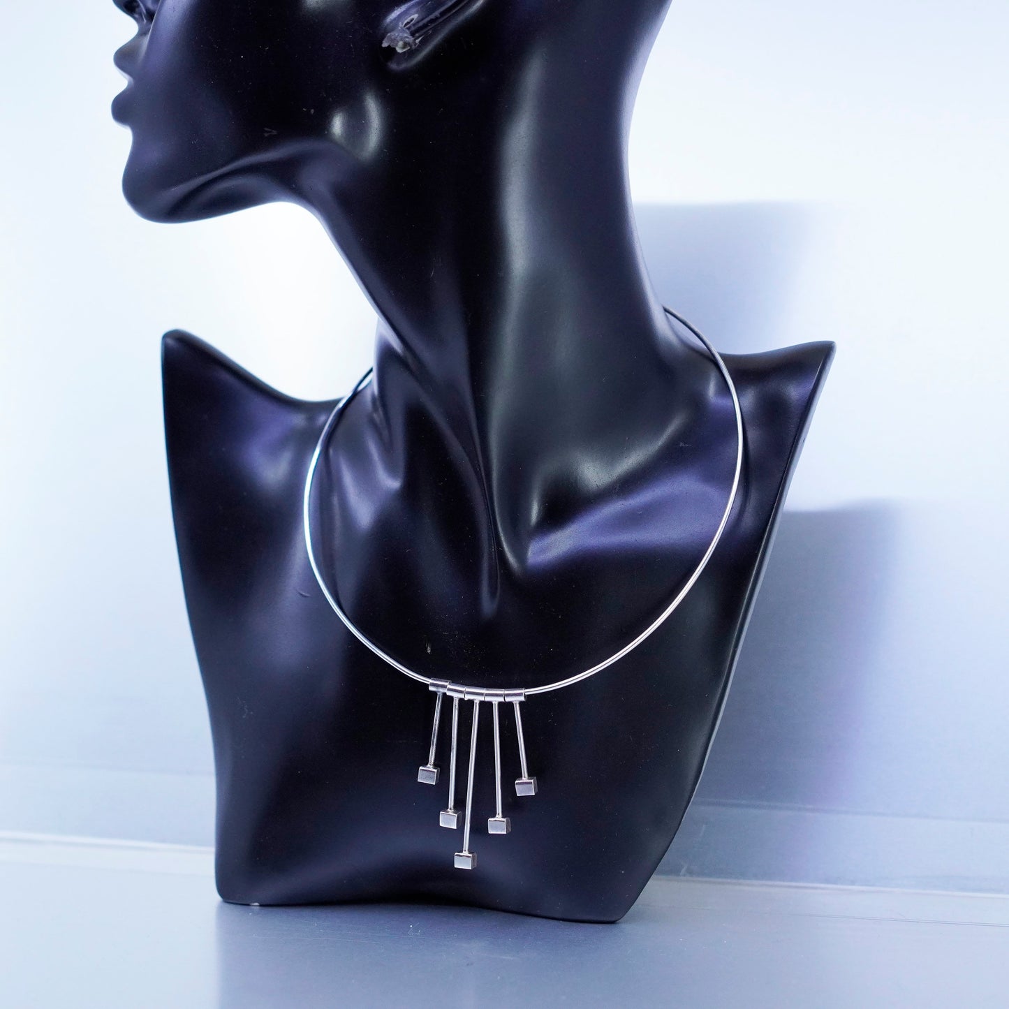 13”, Sterling 925 silver handmade choker collar necklace cube fringe pendant