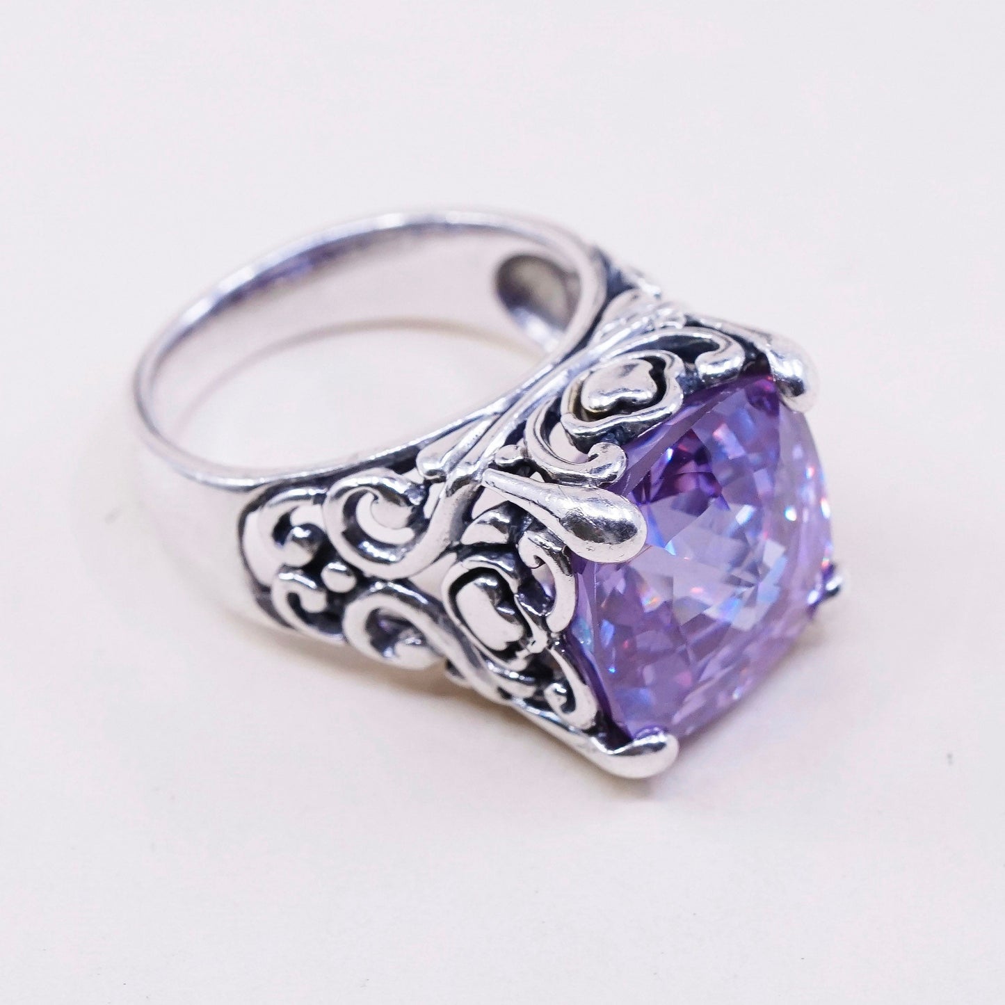 sz 6.5, vtg sterling 925 silver handmade cocktail ring w/ amethyst N filigree